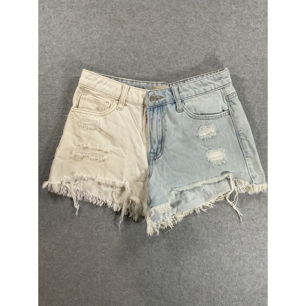 Altar'd State Two-Tone Distressed Denim Shorts Light Wash Off-White S 2034